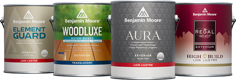 3.78 L cans of Aura® Exterior, Regal® Select Exterior High Build, Element Guard®, and Woodluxe®.