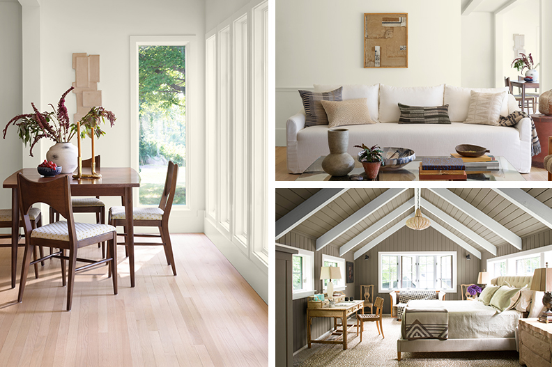 A collage of images including a hallway, dining room, and bedroom, each painted in hues from the Benjamin Moore Colour Trends 2026 palette.