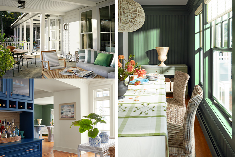 A dark blue painted cabinet displaying bottles on a hardwood floor in an open room with white painted walls and ceiling. A blue-gray painted hallway with a bench, storage cubbies, and coat rack in a blue and white mudroom. A sunlit dining room painted dark green, featuring a long table and chairs. An outdoor living area with a couch, chair, and table positioned in front of a white painted house exterior.