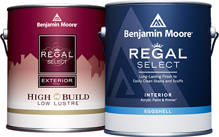 3.78 L cans of Benjamin Moore Regal® Select Interior and Exterior High Build paint.